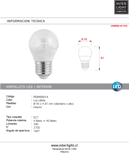 Ampolleta luz cálida 4W E27 - PZAM0014