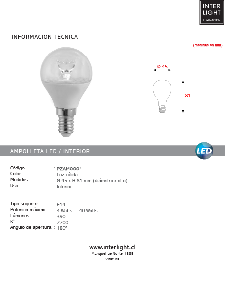 Ampolleta luz cálida 4W E14   - PZAM0015