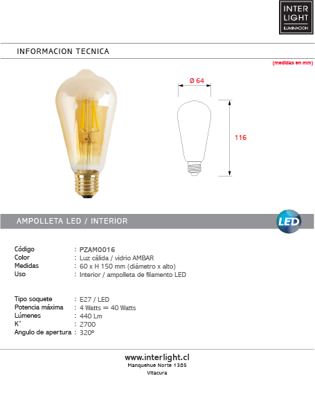 Ampolleta led vintage vidrio ámbar 4W - PZAM0016
