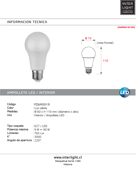 Ampolleta empavonada 9W 3000K  Cálida - PZAM0019