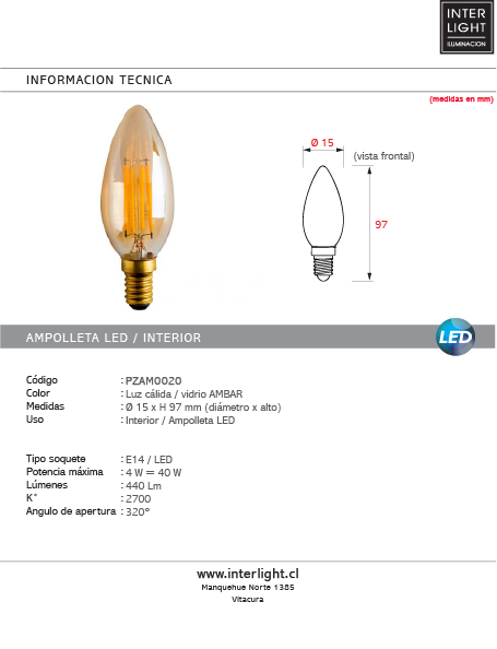 Ampolleta led vidrio ambar vela 4W E14 - PZAM0020