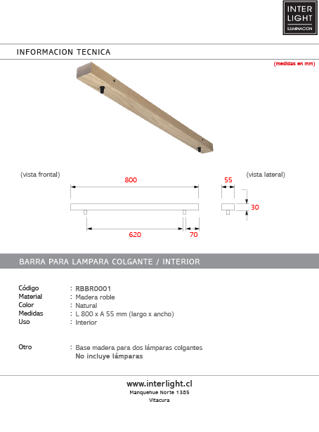 Base de madera para lámpara colgante 80cm 2 perforaciones a 7 cm  - RBBR0001