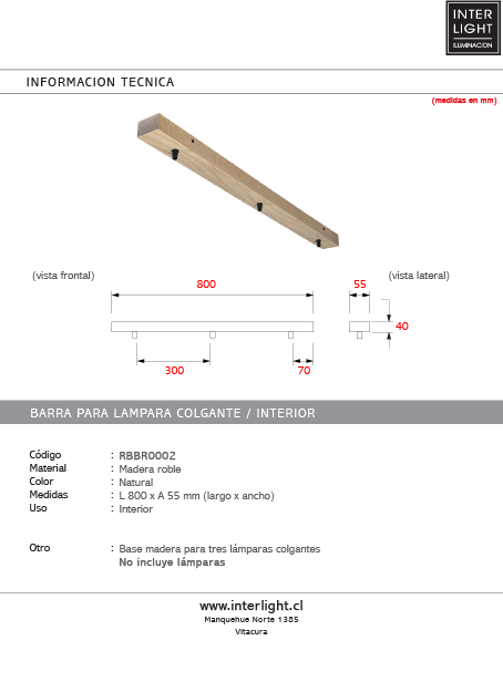 Base para lámpara madera colgante 80cm 3 perforaciones a 7x30x7cm  - RBBR0002