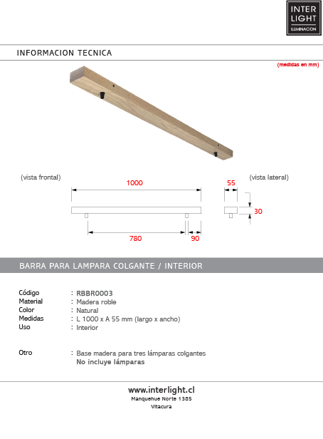 Base de madera para lámpara colgante 100cm 2 perforaciones a 9x78x9 cm  - RBBR0003