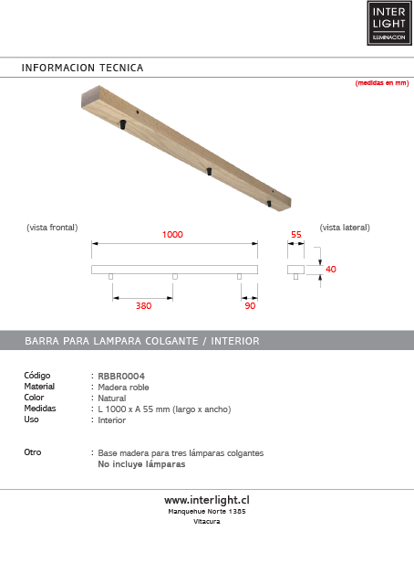 Base de madera para lámpara colgante 100cm 10x50x10cm - 3 perforaciones  - RBBR0004