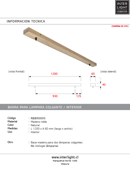 Base de madera para lámpara colgante 120cm 2 perforaciones a 12.5cm - RBBR0005