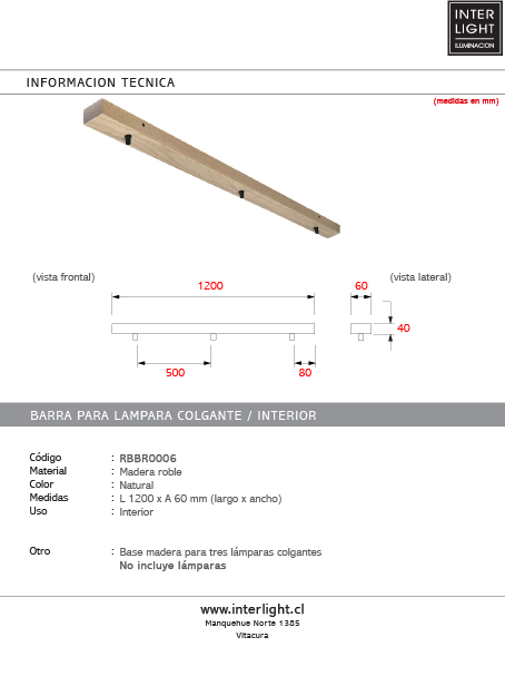 Base de madera para lámpara colgante 120cm 3 perforaciones a 8X50X8  - RBBR0006