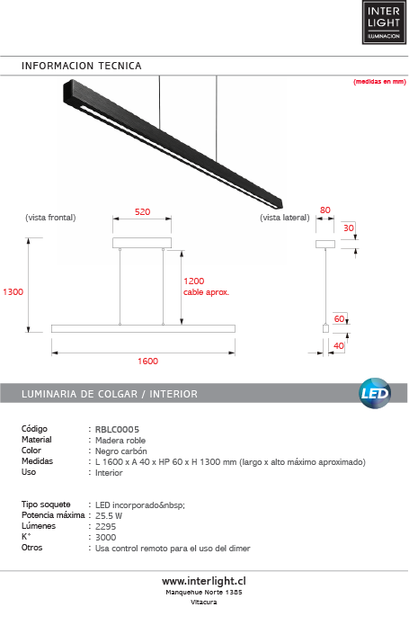 Lámpara colgante madera roble negra carbón 1,60 mt. LED 25,5W - RBLC0005