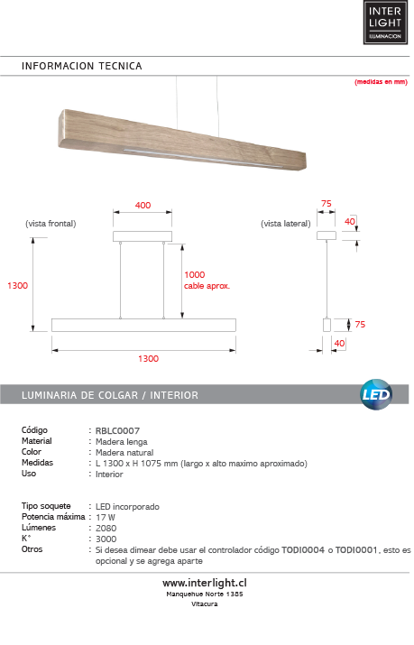 Lámpara colgante Madera Lenga 130CM LED 17W - RBLC0007