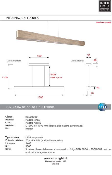 Lámpara colgante madera lenga con led por arriba y abajo 150CM LED 20.4W+8.5W - RBLC0009
