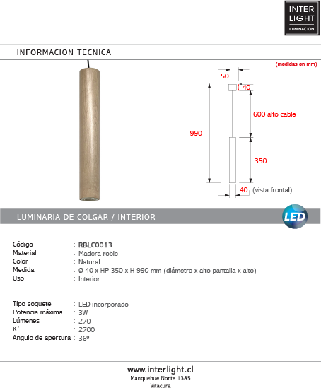 Lámpara colgante madera natural 35CM 3W 2700K - RBLC0013