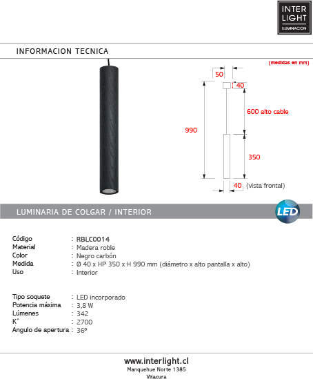 Lámpara colgante madera negro carbón dim Ø40x35cm  3.8W LED - RBLC0014