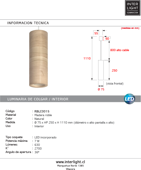 Lámpara colgante madera natural 25CM 7W LED - RBLC0015