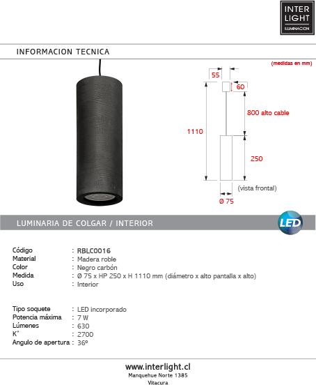 Lámpara colgante madera negro carbón 25CM 7W LED- RBLC0016