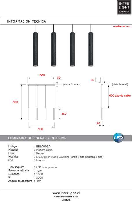 Lámpara Colgante madera natural roble negro 93CM 12W 3000K - RBLC0020