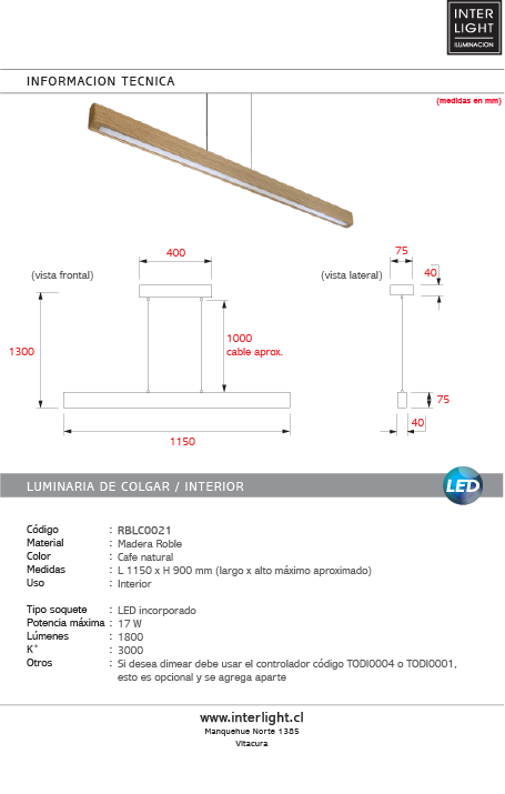 Lámpara colgante madera  1,15mt. LED 17W - 3000k- RBLC0021