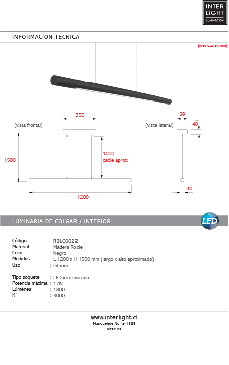 Lámpara colgante madera negra 1,20mt. 17W  3000k LED - RBLC0022