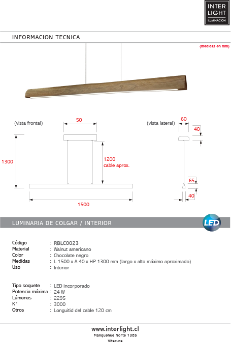 Lámpara colgante madera Walnut Americano 1,50 mt. LED 24W - RBLC0023