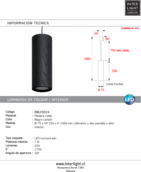 Lámpara colgante madera negro carbón 25CM 7W LED - RBLC0024