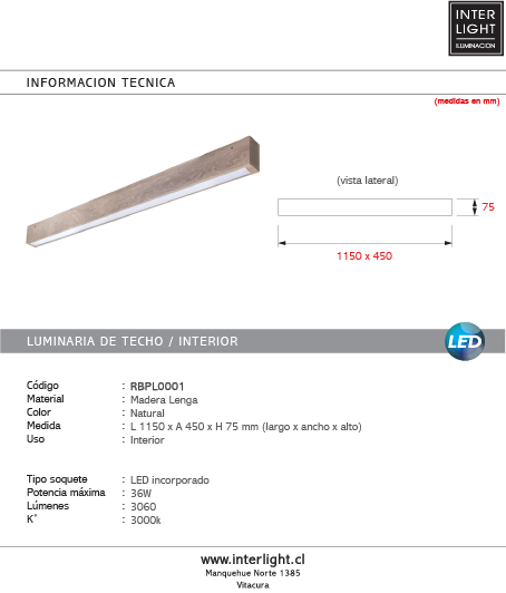 Plafón madera lenga 115cm 36W 3000k - RBPL0001