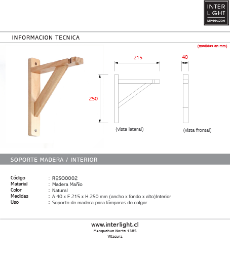 Soporte de lámpara para muro madera natural 4x21,5x25 cm - RESO0002