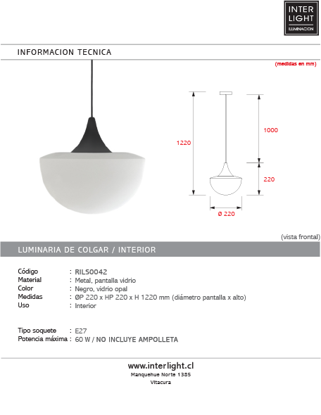 Lámpara colgante metal negro vidrio opal Ø22cm E27 - RILC0012