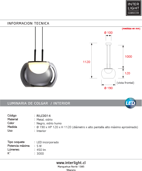 Lámpara colgante metal negro vidrio humo 19cm 5W LED - RILC0014