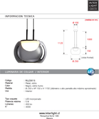 Lámpara colgante metal negro vidrio humo Ø25cm 5W LED - RILC0015