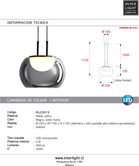 Lámpara colgante metal negro vidrio humo Ø25cm 5W LED - RILC0015