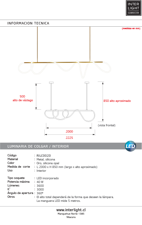 Lámpara colgante metal oro silicona opal 200cm 40W LED - RILC0020