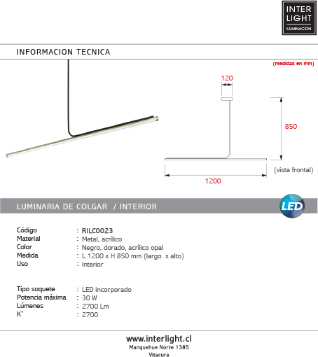 Lámpara colgante  metal negro dorado acrílico opal 120cm 30W LED - RILC0023