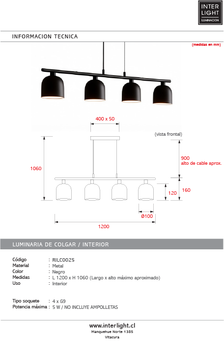 Lámpara colgante metal negro acrílico opal 118 cm 4 luces G9 - RILC0025
