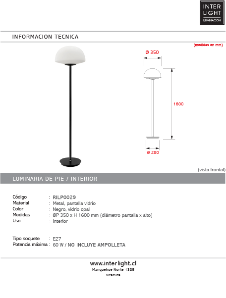 Lámpara de pie metal negro vidrio opal - RILP0029