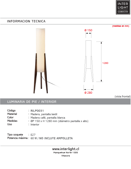 Lámpara de pie madera café pantalla blanca Ø23x128 cm E27 - RILP0031