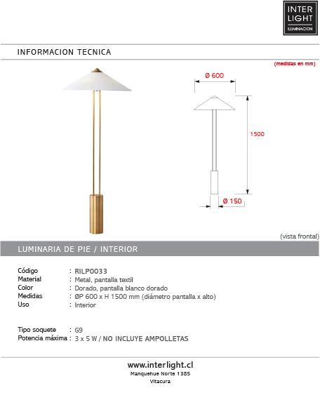 Lámpara de pie metal dorado pantalla textil blanco dorado Ø60x1,50cm 3xG9 - RILP0033
