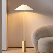 Cargar imagen en el visor de la galería, Lámpara de pie metal dorado pantalla textil blanco dorado Ø60x1,50cm 3xG9 - RILP0033
