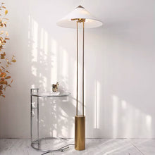 Cargar imagen en el visor de la galería, Lámpara de pie metal dorado pantalla textil blanco dorado Ø60x1,50cm 3xG9 - RILP0033
