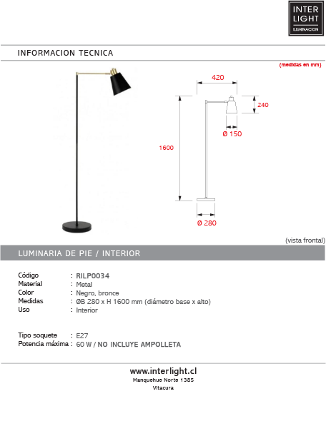 Lámpara de pie metal negro bronce Ø28x1,60 cm  E27 - RILP0034