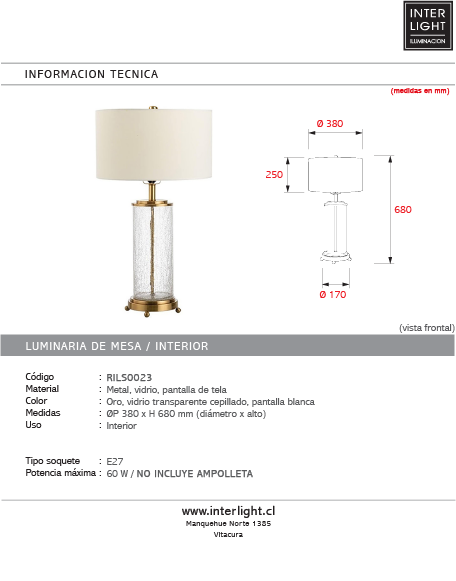 Lampara sobremesa vidrio metal oro 38x68cm  E27 - RILS0023