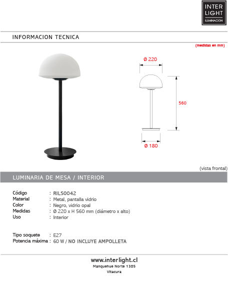 Lámpara sobremesa metal negro vidrio opal 22x56cm E27 - RILS0042