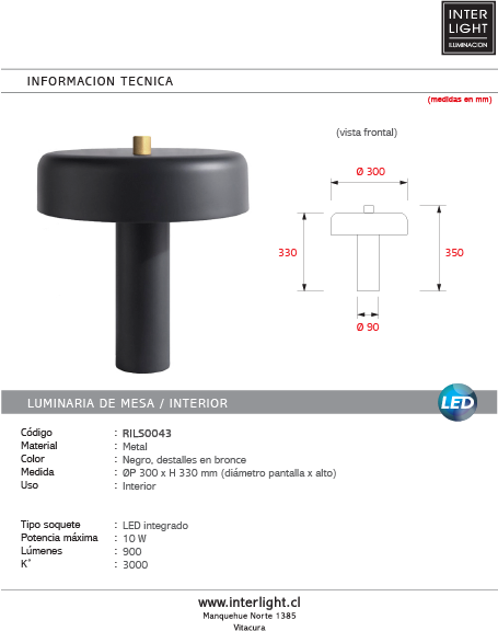 Lámpara sobremesa metal negro 30x33cm 10W LED - RILS0043