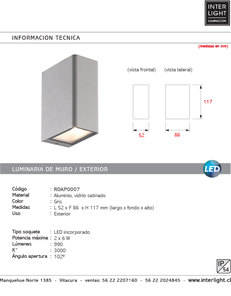 Apliqué aluminio, vidrio satinado gris exterior 5,2x8,6x11,7 cm LED 2x6W - ROAP0007