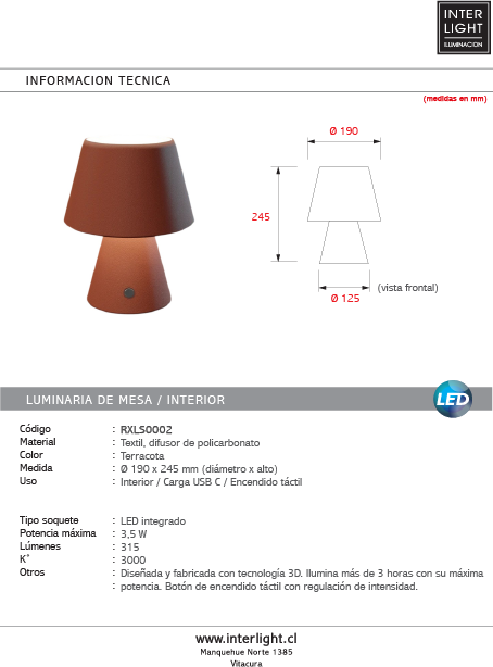 Lámpara sobremesa terracota recargable Ø19x24.5 cm  LED 3,5W - RXLS0002