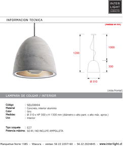 Lámpara colgante concreto interior aluminio Ø31x30 cm E27 - SELC0004