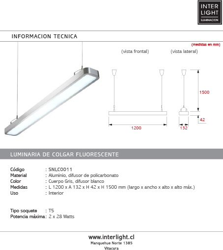 Lámpara colgante aluminio difusor policarbonato 1,20 cm 2x28W T5 - SNLC0011