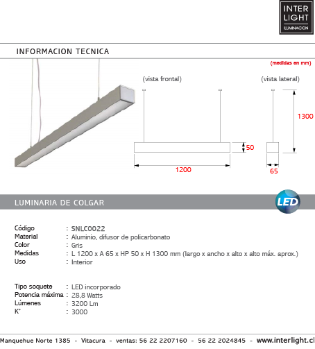 Lámpara colgante aluminio difusor policarbonato 1,20 cm LED 28,8W - SNLC0022