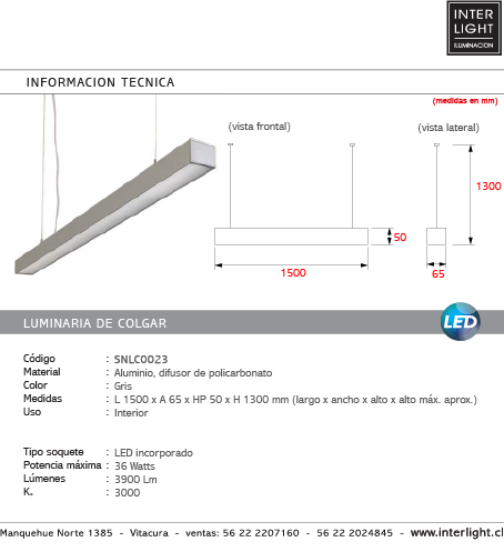 Lámpara colgante aluminio difusor policarbonato 1,50 cm LED 36W - SNLC0023