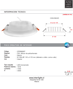 Foco embutido PVC blanco Ø18 cm LED 18W - STFO0007