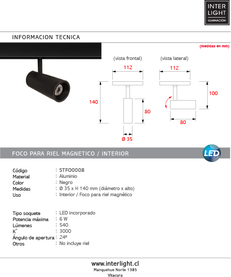Foco para riel aluminio negro Ø3,5x14cm LED 6W - STFO0008