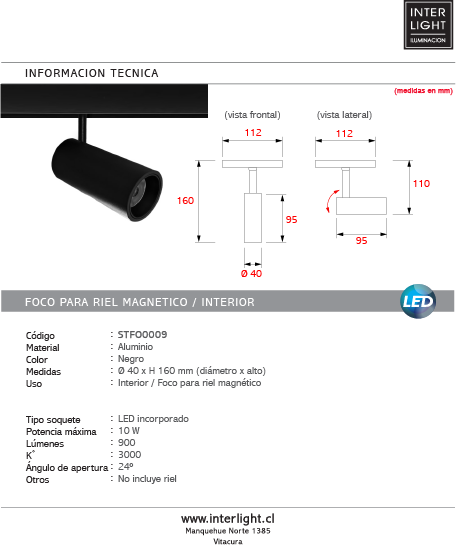Foco para riel aluminio negro Ø4x16 cm LED 10W - STFO0009